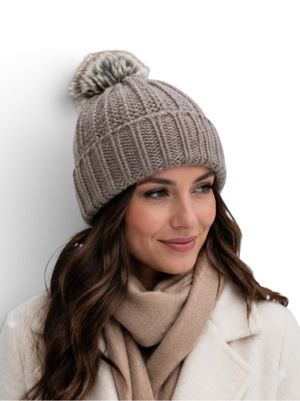 Portolano Lambswool Blend Faux Fur Pom Chunky Knit Beanie Taupe NWOT